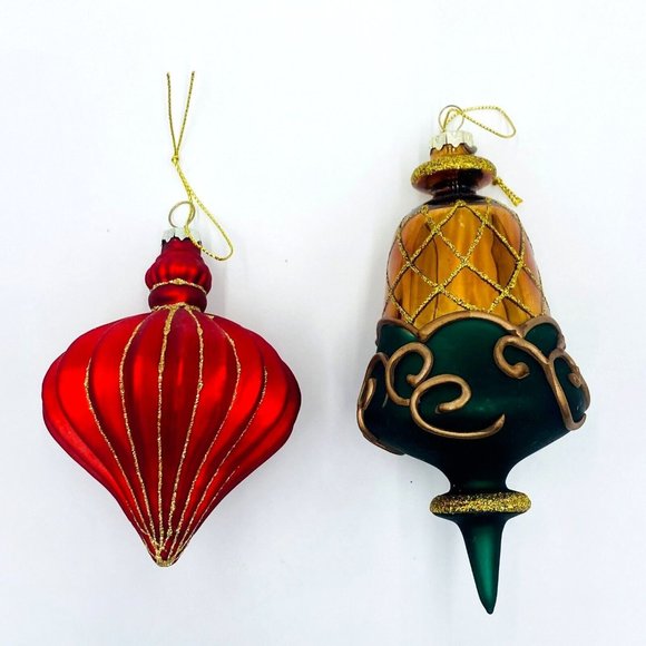 Handblown Christmas Hanging Ornaments Set of 2 Green/Gold and Red/Gold - Picture 1 of 8